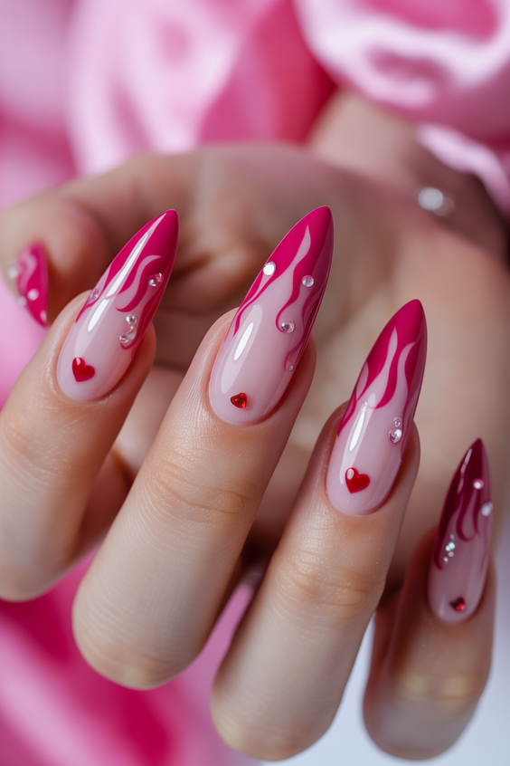 cute pink nails 2026 Pink Flame Nails With Heart Details