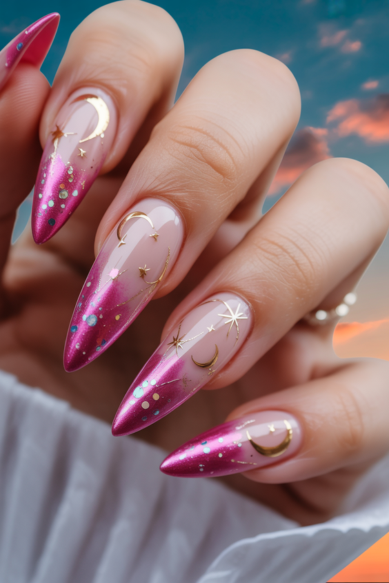 cute pink nails 2026 Cosmic Pink With Gold Art Details
