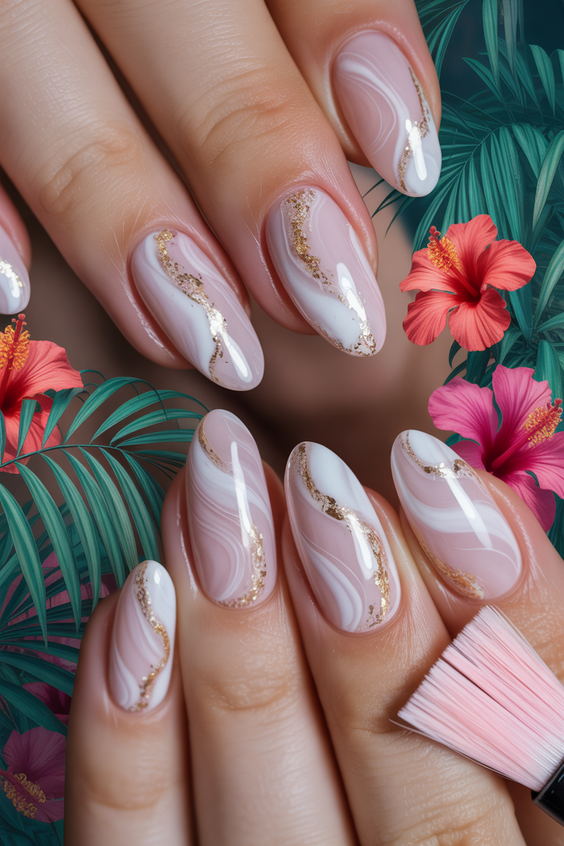 cute pink nails 2026 Milky Pink Swirls With Gold Accents