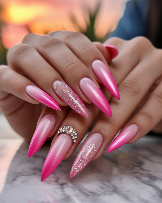 cute pink nails 2026 Glazed Pink Stilettos With Crystal Accent