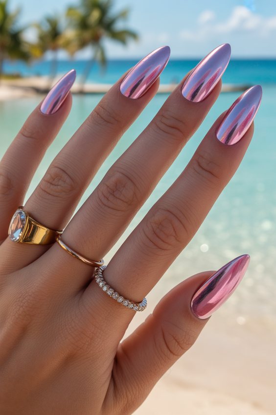 cute pink nails 2026 Pink Chrome Almond Nails With a Beachy Glow
