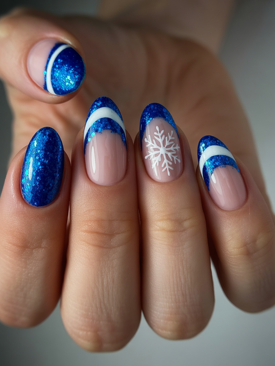 cute short nails 2026 blue sparkle french