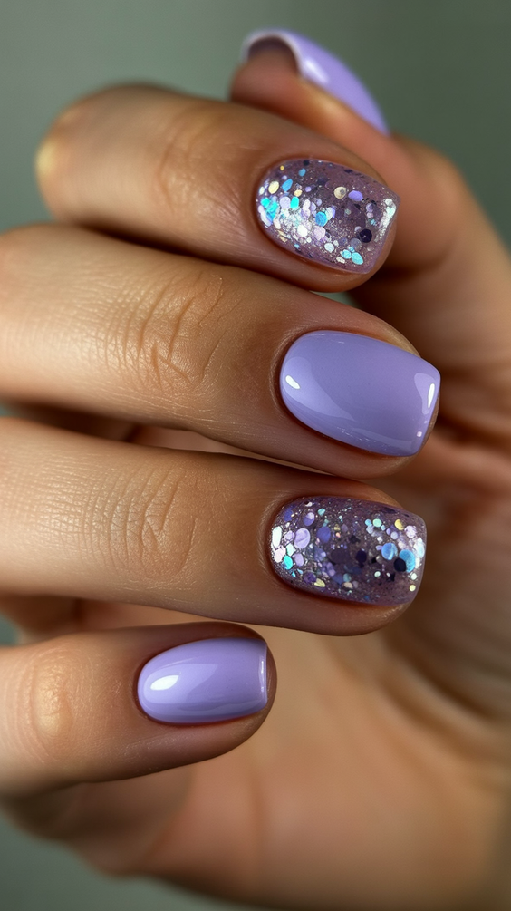 cute short nails 2026 lavender glitter design