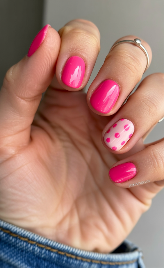 cute short nails 2026 pink polka dot design