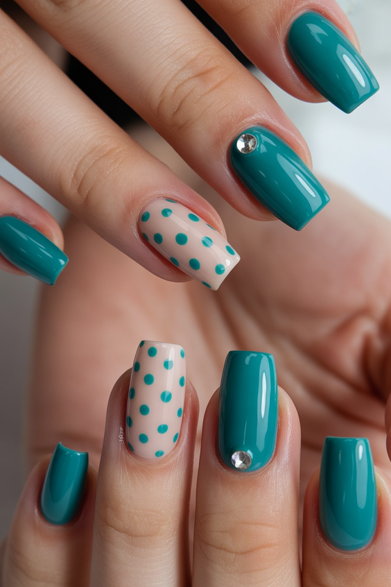 cute short nails 2026 teal polka dot design