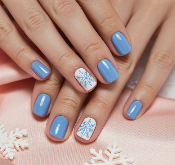 cute short nails 2026 blue snowflake manicure
