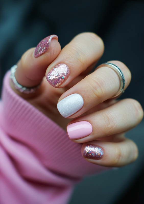 cute short nails 2026 pink white glitter design