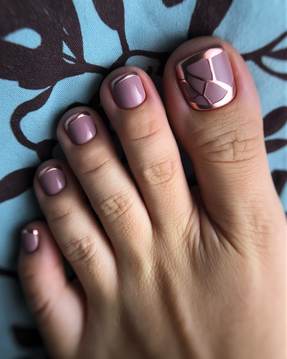 cute toe nail colors 2026 Soft Mauve Geometry With Metallic Edges