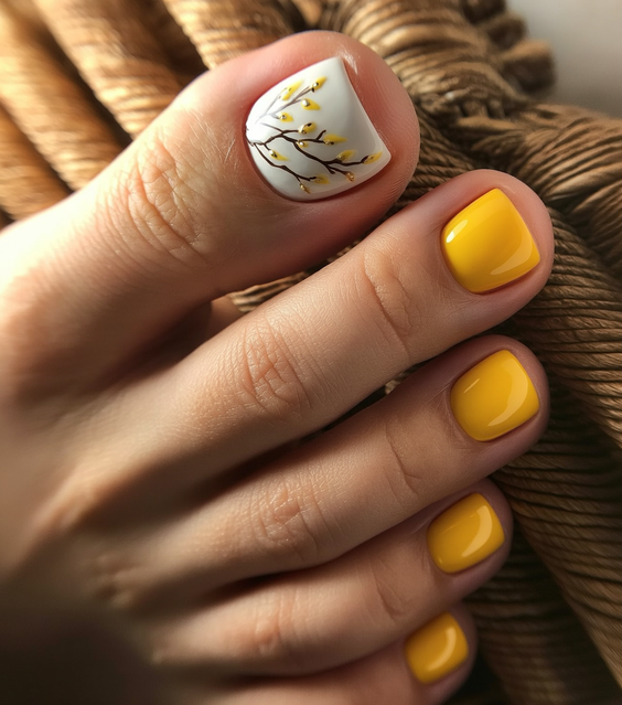 cute toe nail colors 2026 Sunlit Yellow With Delicate Botanical Art