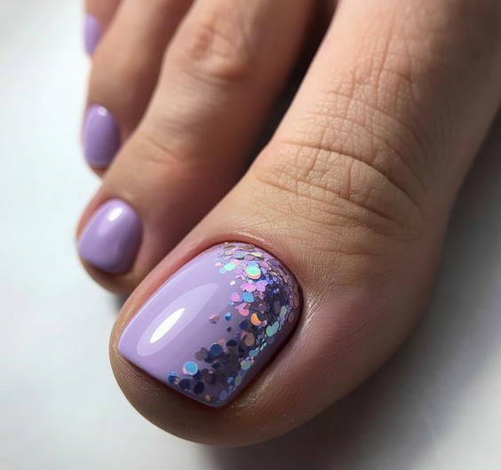 cute toe nail colors 2026 Lavender Base With Confetti Shimmer
