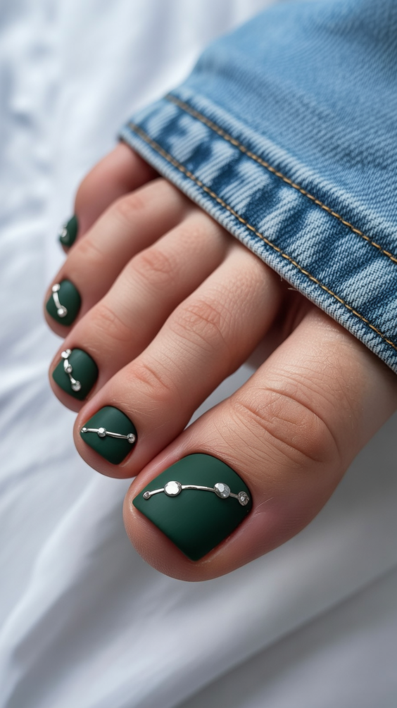 cute toe nail colors 2026 Forest Green With Minimal Metallic Lines