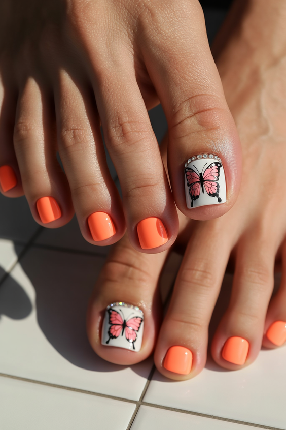 cute toe nail colors 2026 Coral Pop With Butterfly Accent