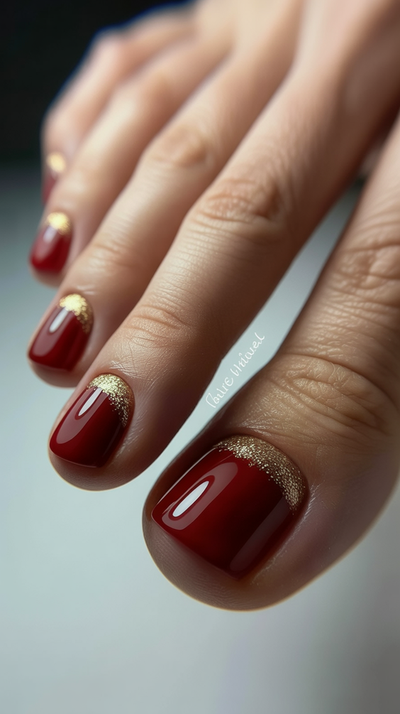 cute toe nail colors 2026 Deep Red With Gold Glitter Tips
