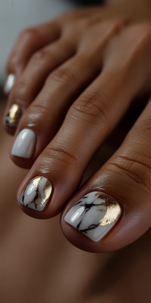 cute toe nail colors 2026 White Marble With Gold Veining