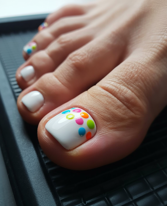 cute toe nail colors 2026 White Base With Colorful Dot Accents
