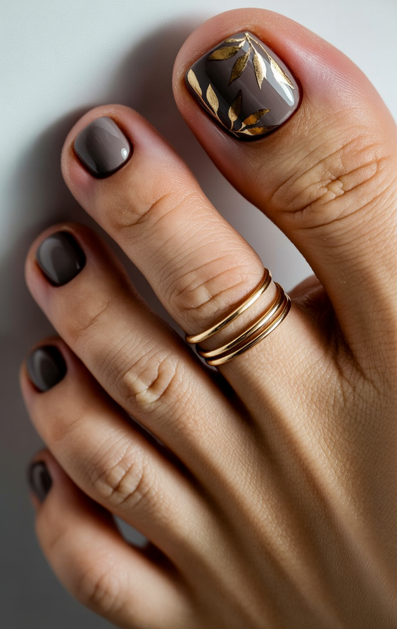 cute toe nail colors 2026 Smoky Charcoal With Gold Leaf Details