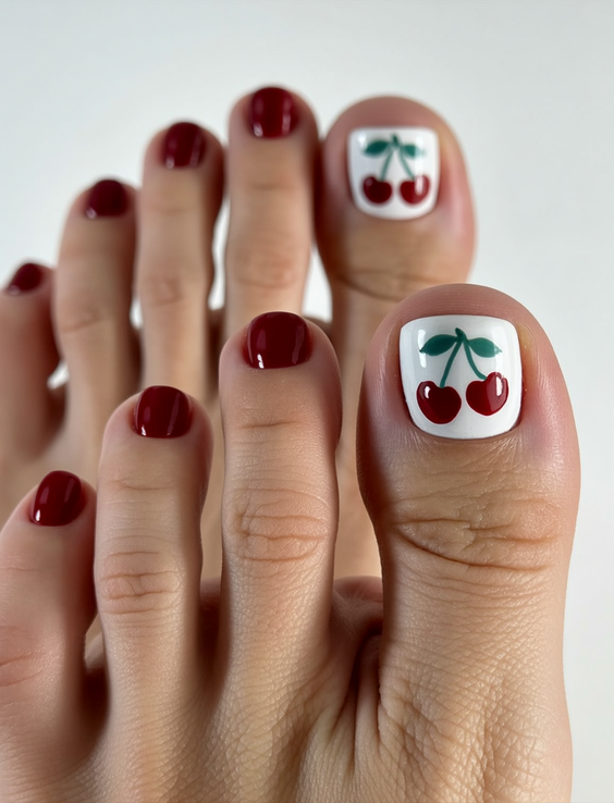 cute toe nail colors 2026 Cherry Red With Playful Accent Art