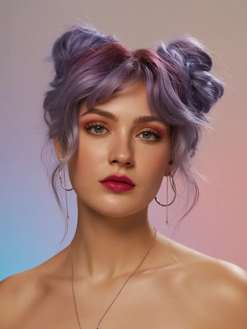 Elegant bun hairstyles 2026 lavender space buns