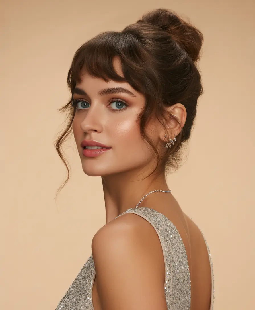Elegant bun hairstyles 2026 high bun with bangs
