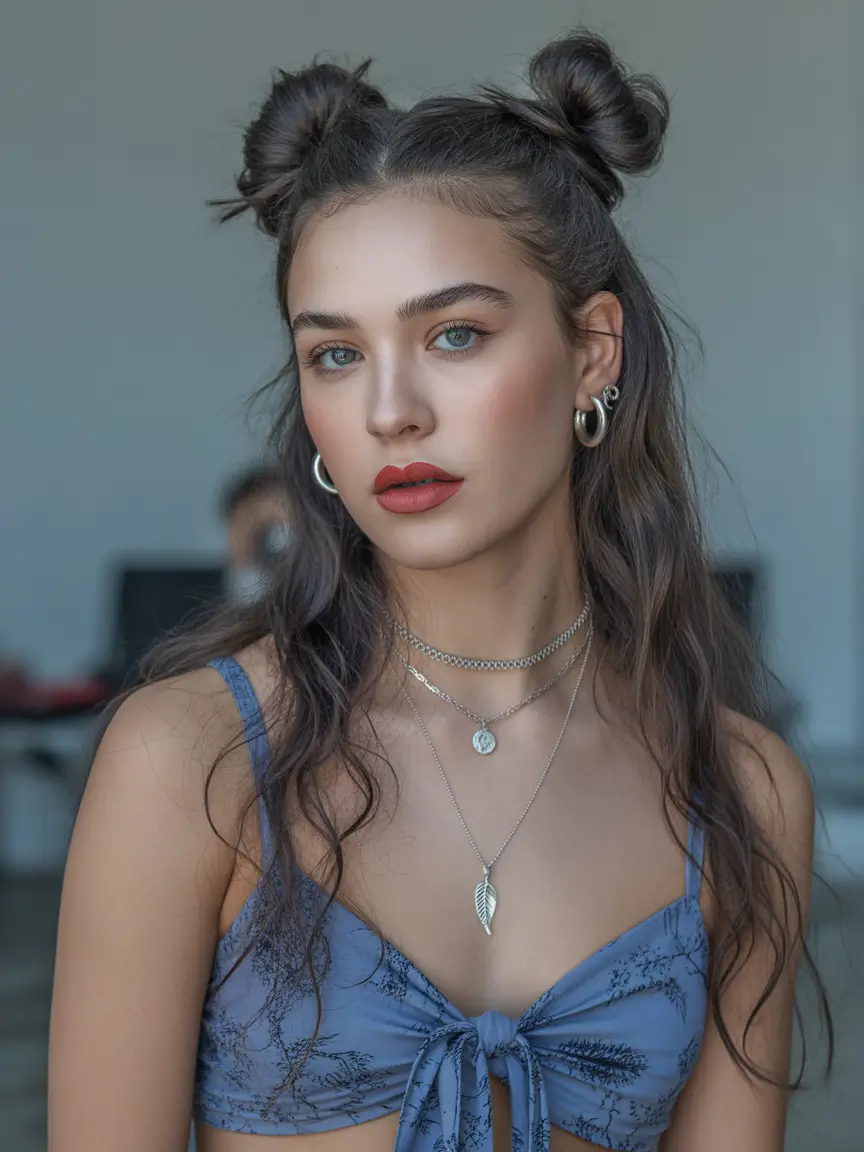 Elegant bun hairstyles 2026 half up space buns