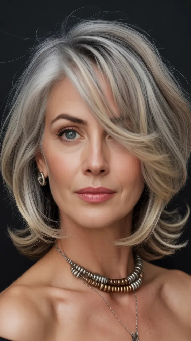Haircut ideas for women over 40 2026 Silver Blonde Volumized Mid Length Blowout