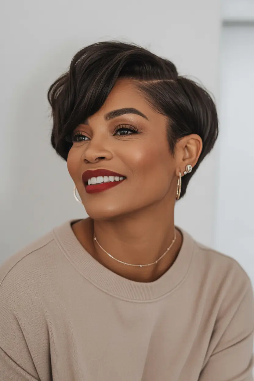 Haircut ideas for women over 40 2026 Chic Modern Short Cut With Side Swoop