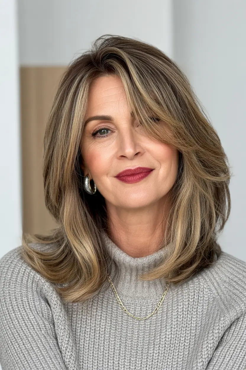 Haircut ideas for women over 40 2026 Dimensional Shoulder Length Layers With Side Fringe