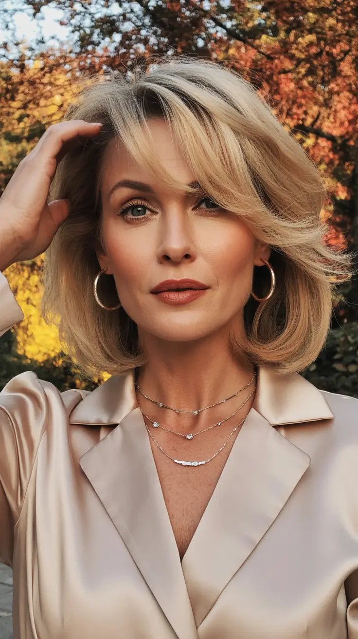 Haircut ideas for women over 40 2026 Polished Mid Length Blonde Blowout