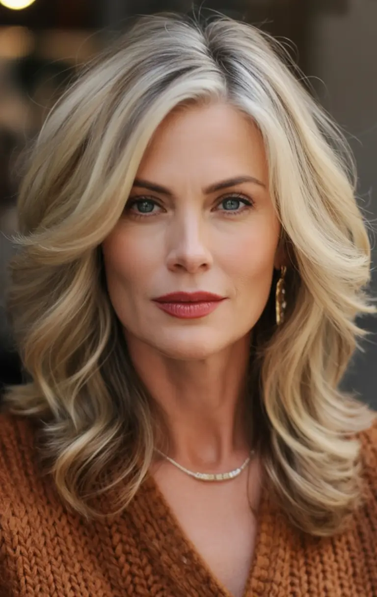 Haircut ideas for women over 40 2026 Layered Blonde Waves With Soft Contouring