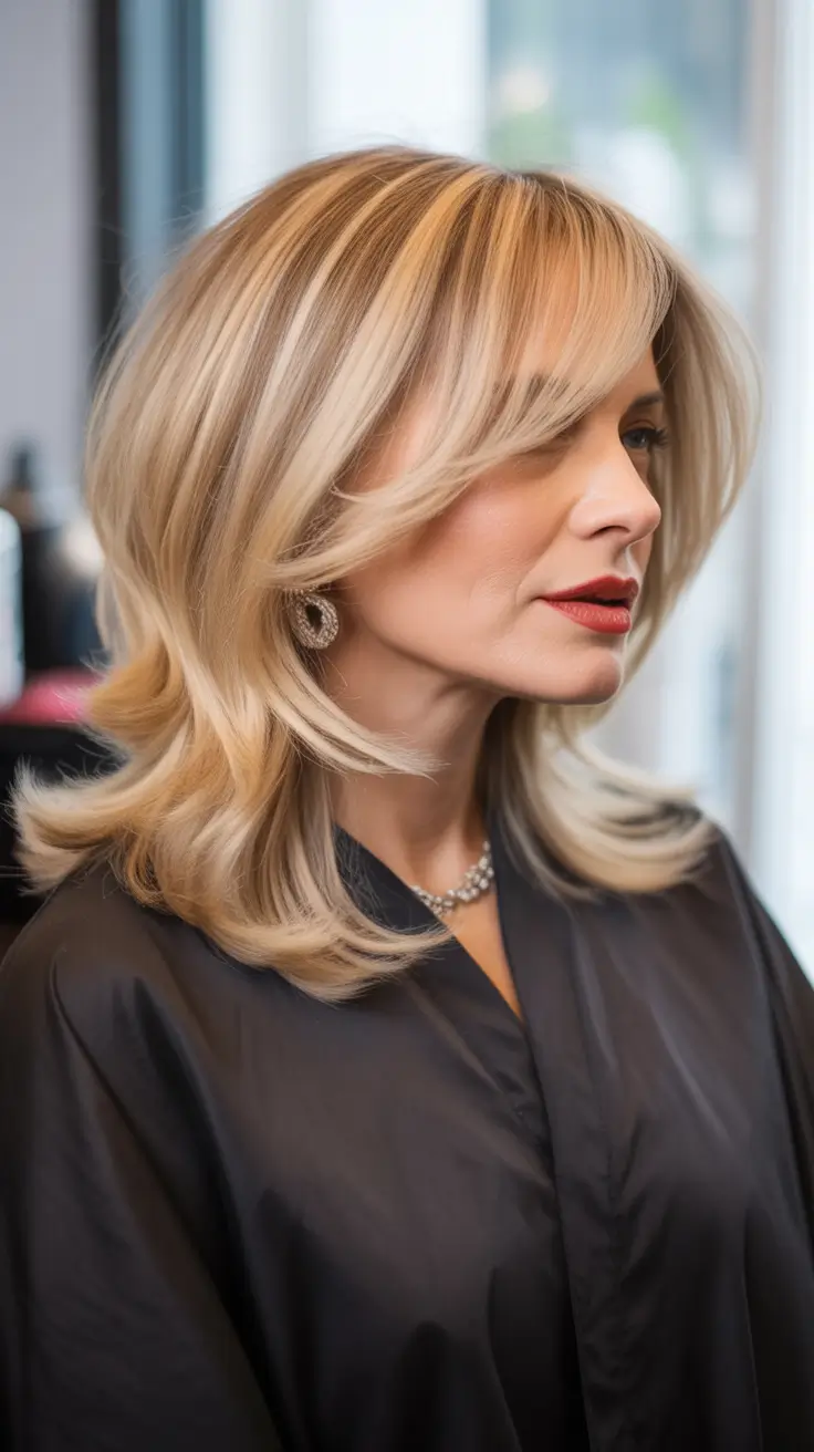 Haircut ideas for women over 50 2026 Buttercream blonde layers with soft sweeping fringe