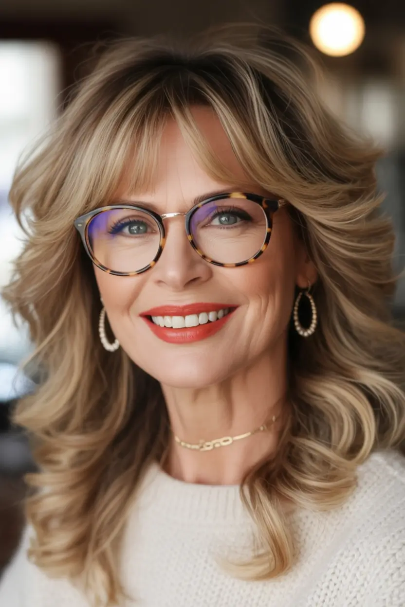 Haircut ideas for women over 50 2026 Layered blonde waves with soft flattering bangs