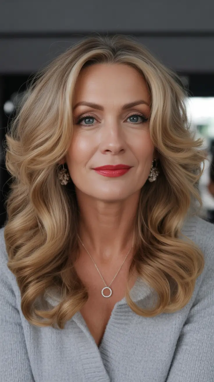 Haircut ideas for women over 50 2026 Voluminous golden waves for a timeless glow