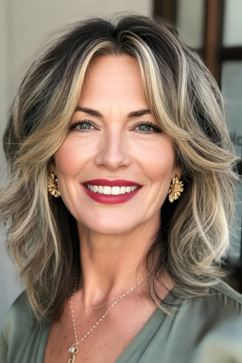 Haircut ideas for women over 50 2026 Feathered dark blonde layers with soft face framing