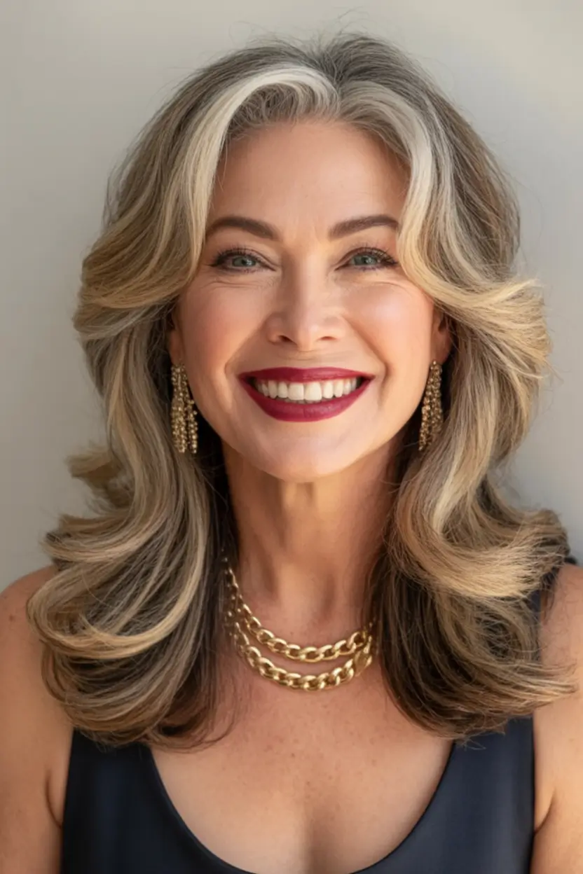 Haircut ideas for women over 50 2026 Feathered face framing layers with silver luminance