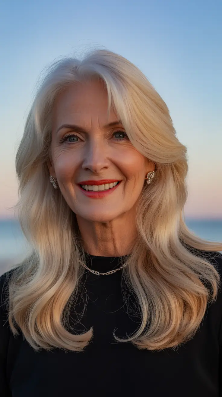 Haircut ideas for women over 50 2026 Long sweeping layers with soft sunrise blonde