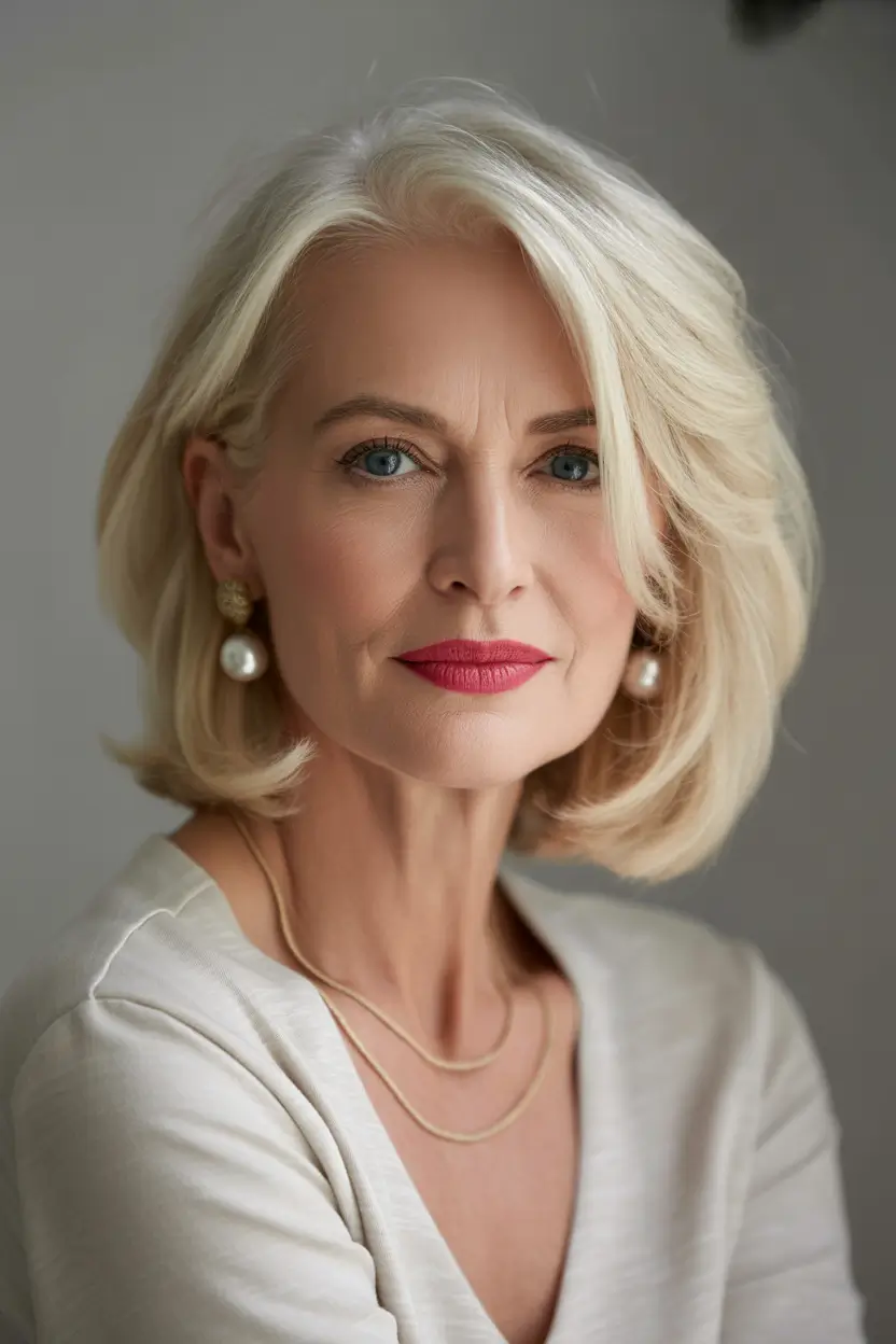 Haircut ideas for women over 60 2026 Classic Blonde Medium Bob With Side Swept Volume