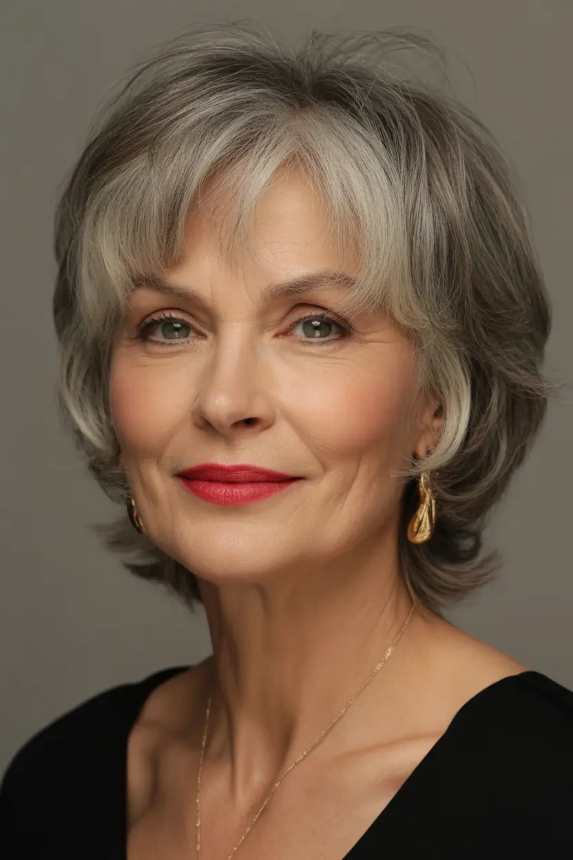 Haircut ideas for women over 60 2026 Classic Medium Length Bob With Feathered Bangs