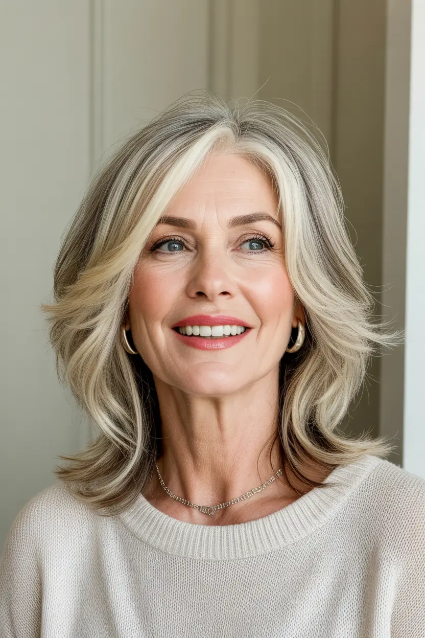Haircut ideas for women over 60 2026 Lightweight Shoulder Length Layers With Bright Face Framing