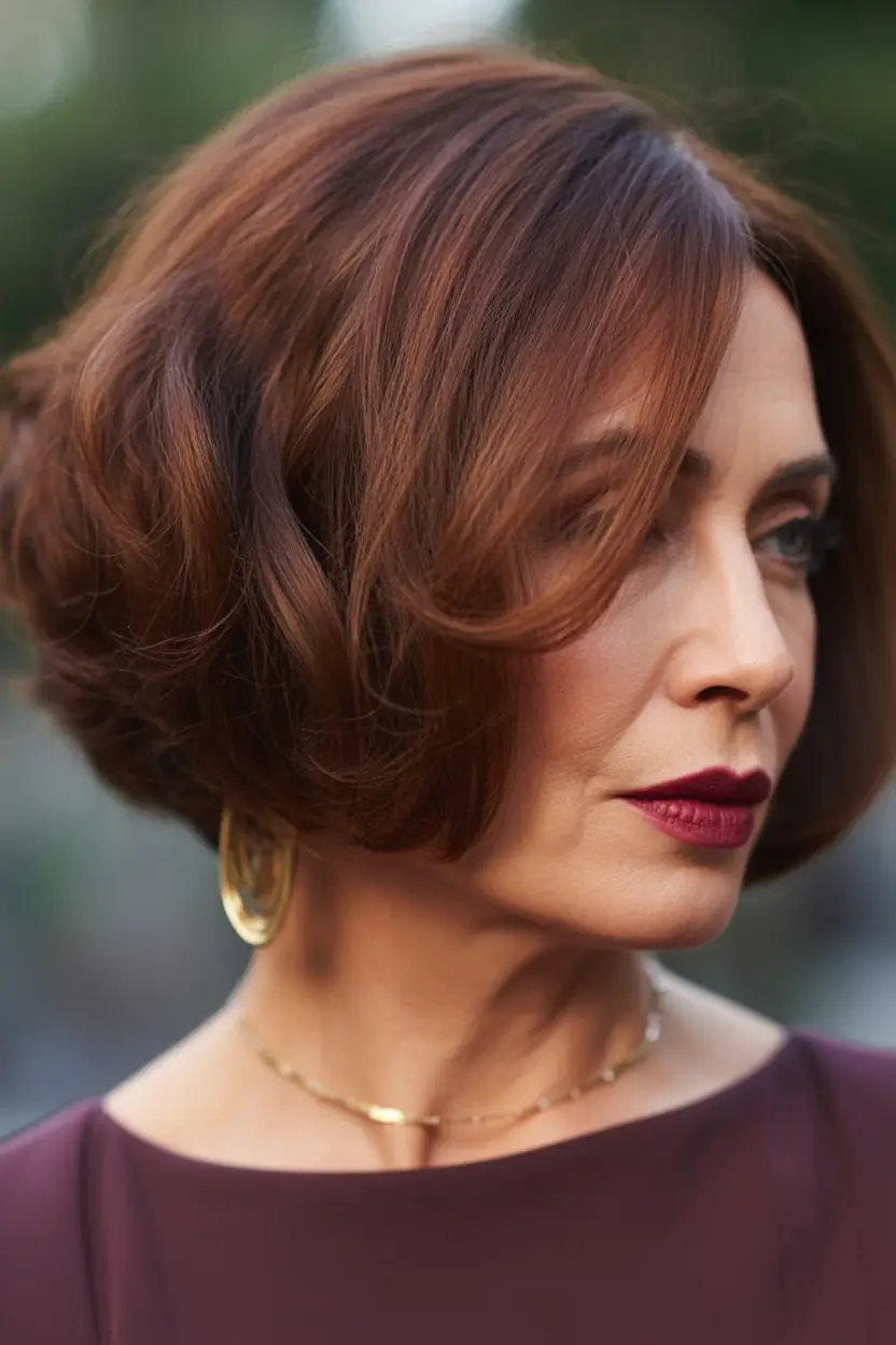 Haircut ideas for women over 60 2026 Elegant Auburn Chin Length Bob With Rounded Volume