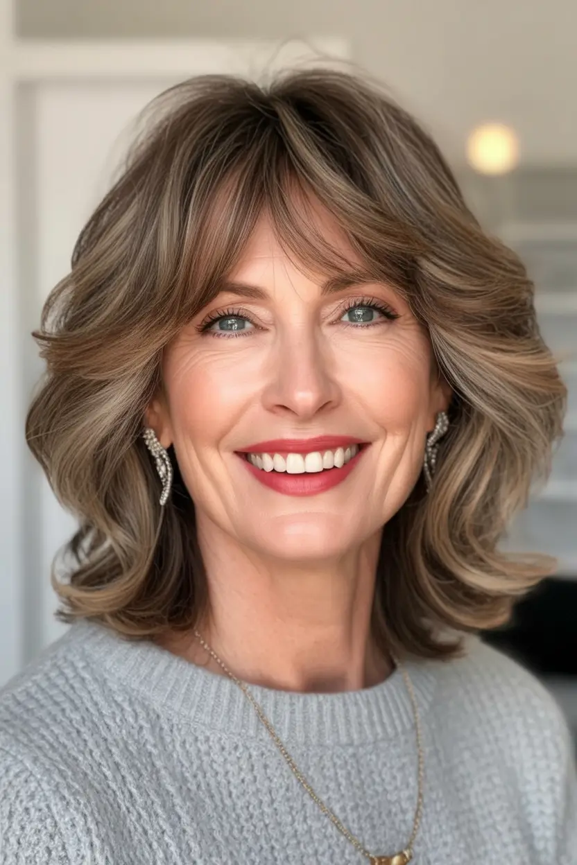 Haircut ideas for women over 60 2026 Feathered Medium Shag With Soft Curtain Bangs