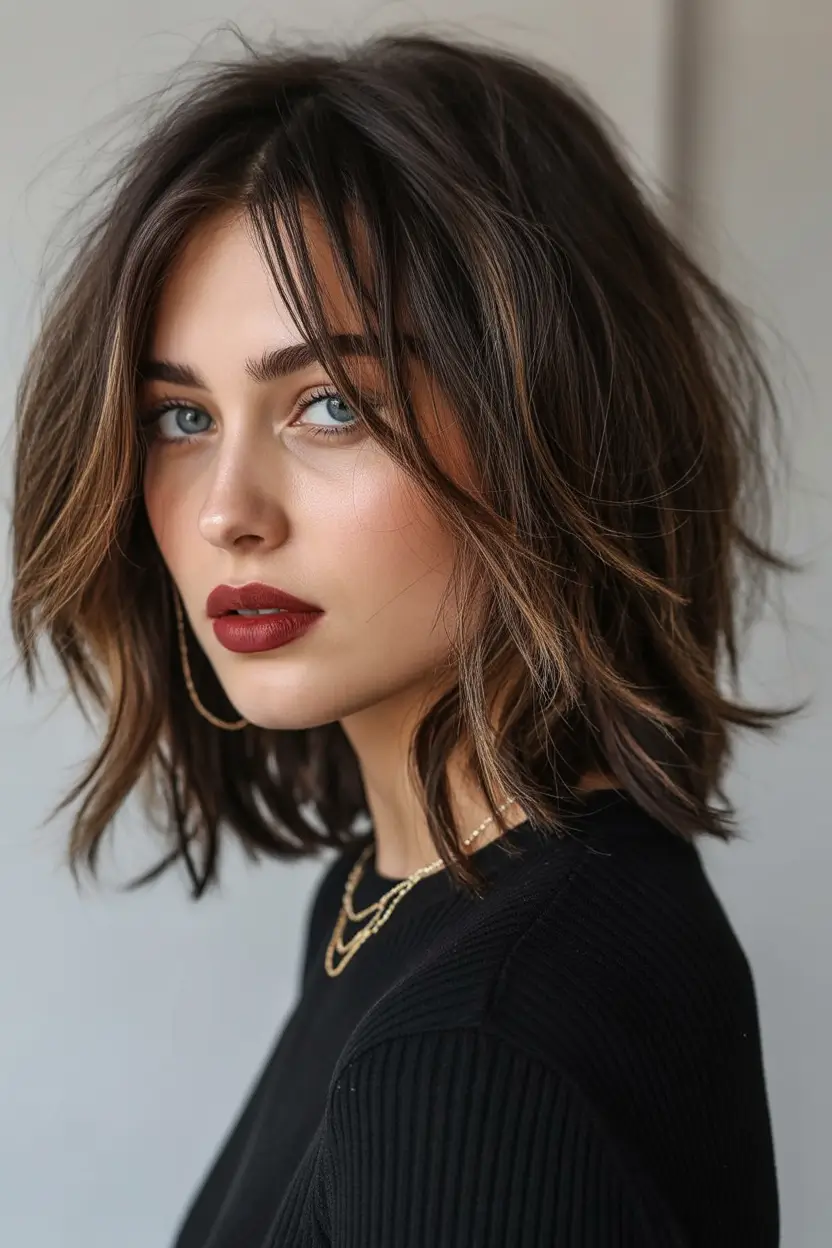 Haircut inspiration 2026 Textured Tousled Lob With Soft Espresso Highlights