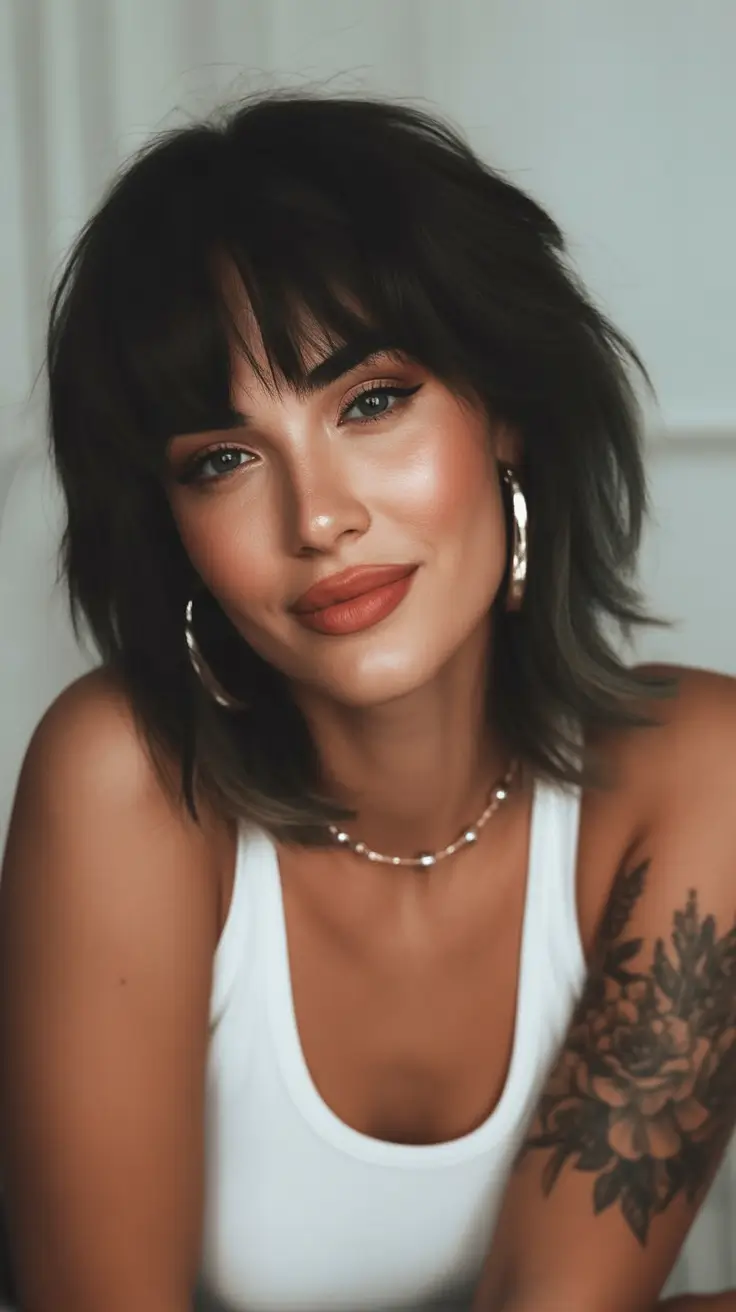 Haircut inspiration 2026 Soft Edgy Shag With Blunt Micro Fringe