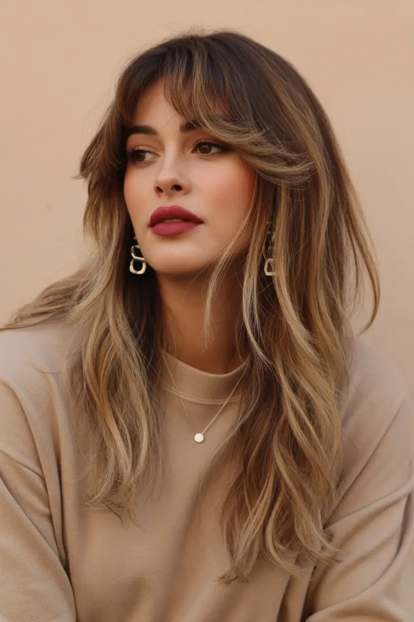 Haircut inspiration 2026 Long Layered Honey Beige With Curtain Fringe