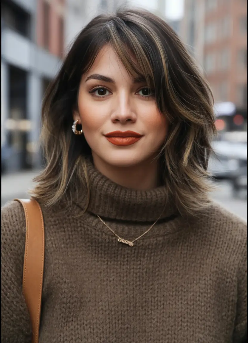 Haircut inspiration 2026 Warm Brunette Shoulder Length Layers With Modern Shape