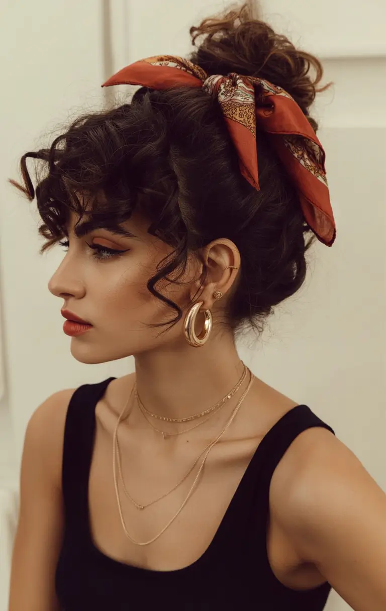 Latest Hairstyles inspiration 2026 Curly Top Knot With Vintage Scarf Accent
