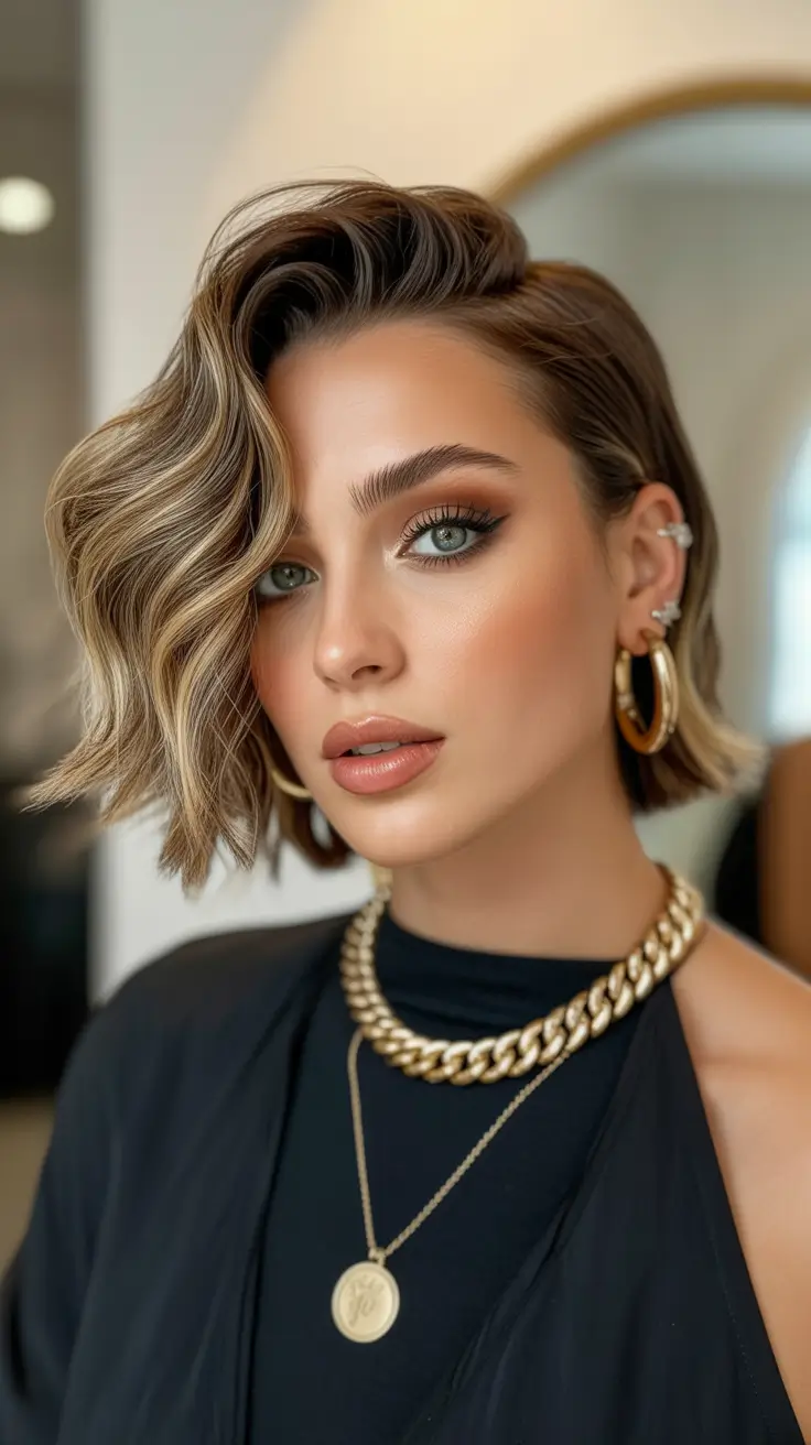 Latest Hairstyles inspiration 2026 Side Swept Wavy Bob With Dimensional Highlights