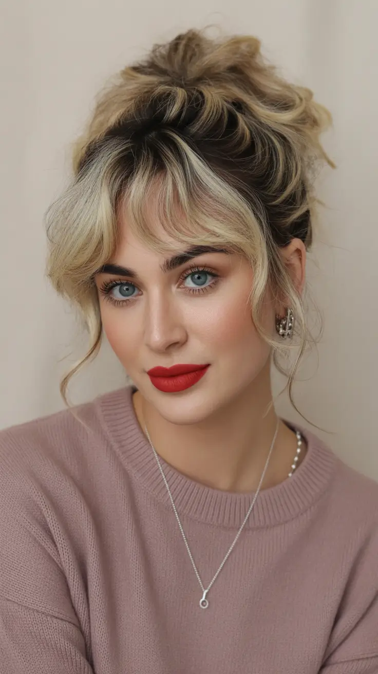 Latest Hairstyles inspiration 2026 Textured Blonde Updo With Soft Baby Bangs