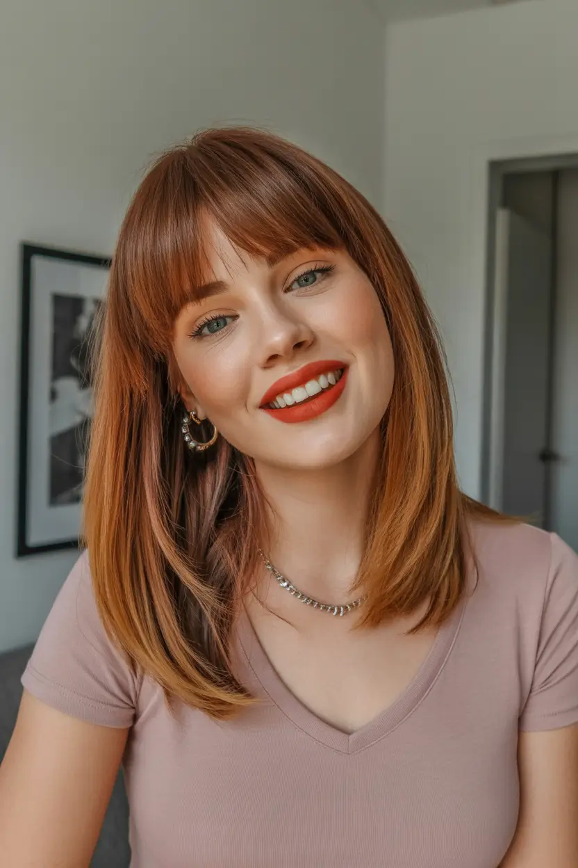Latest Hairstyles inspiration 2026 Straight Ginger Layers With Full Fringe