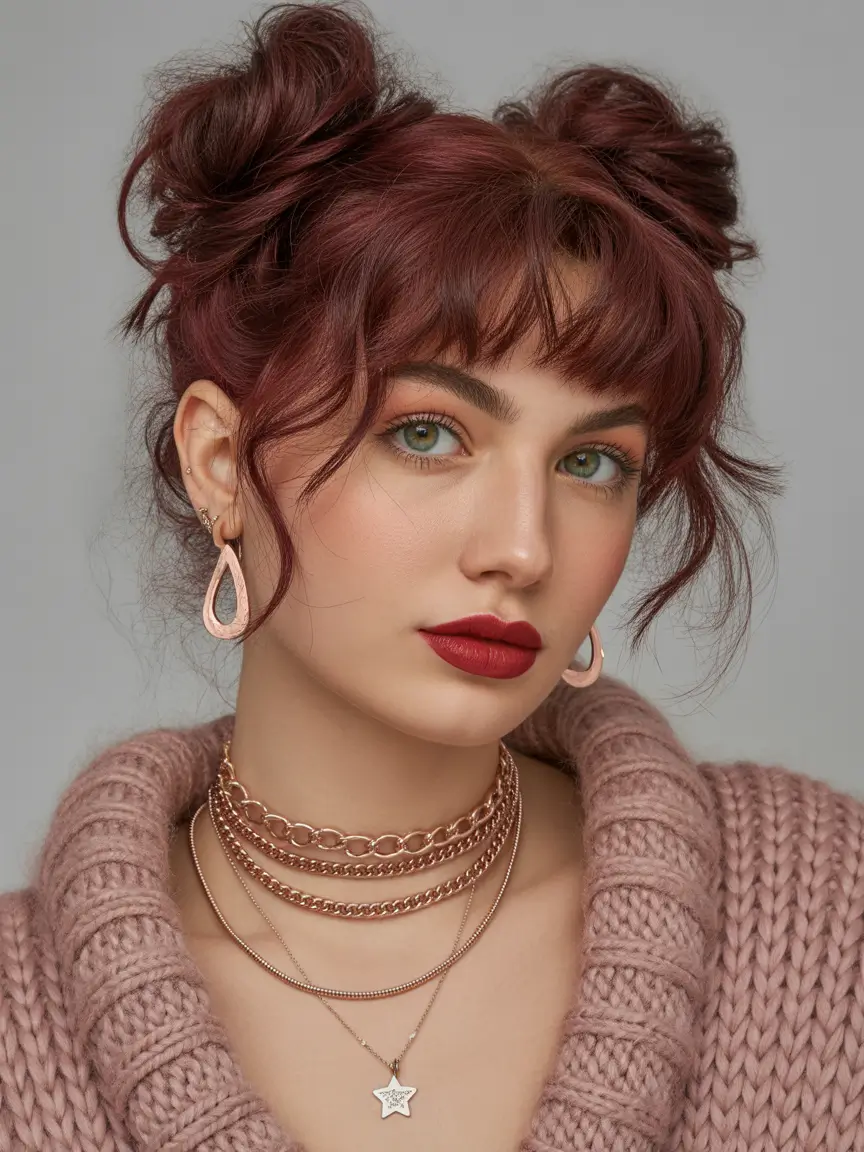 Latest Hairstyles inspiration 2026 Playful Berry Space Buns With Wispy Fringe