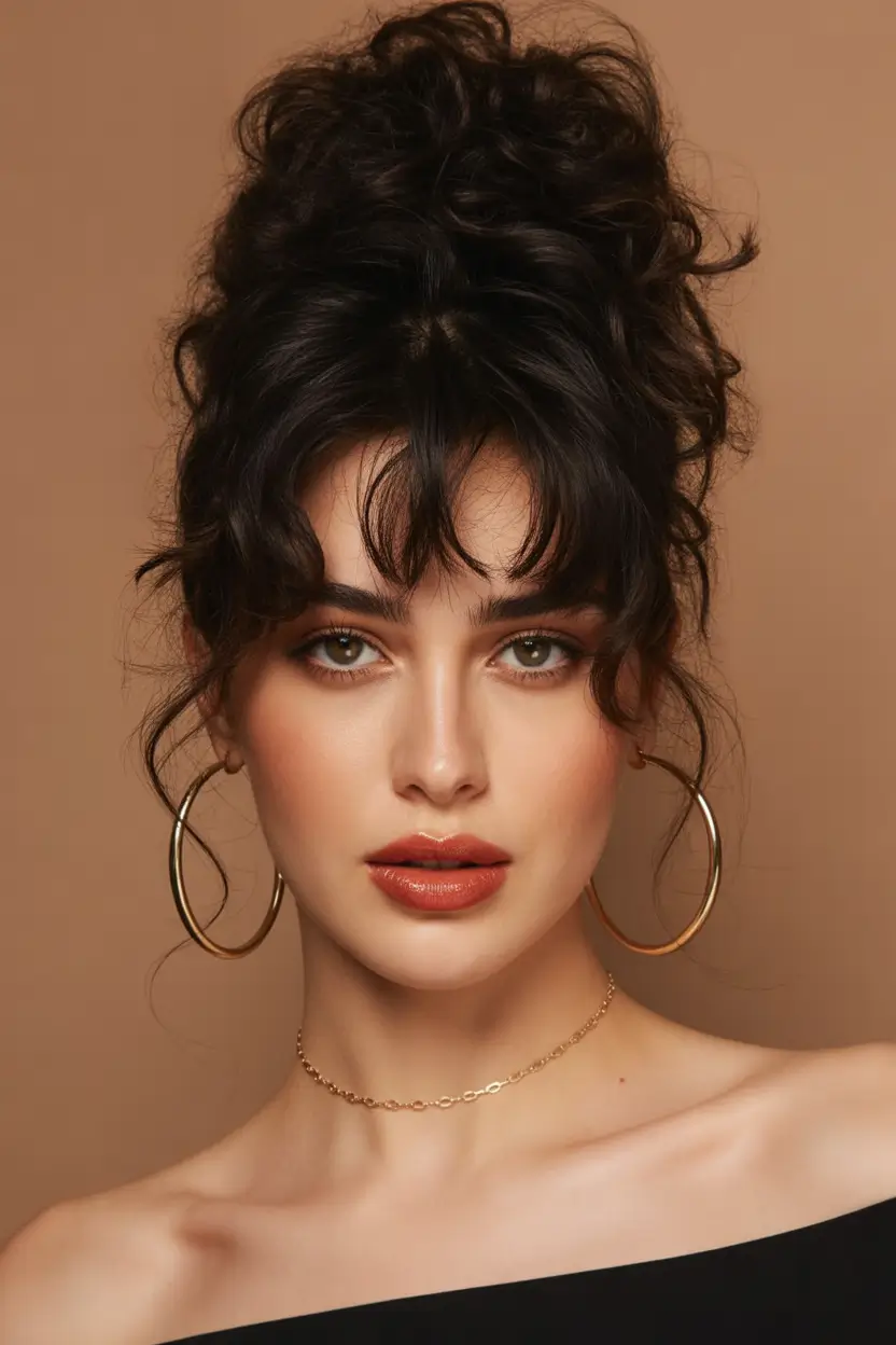 Latest Hairstyles inspiration 2026 High Voluminous Bun With Feathered Bangs
